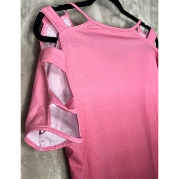 Womens V Neck Short Sleeve Cold Shoulder Cutouts Shirt Light Rose Burgundy, Wine - Picture 14 of 16